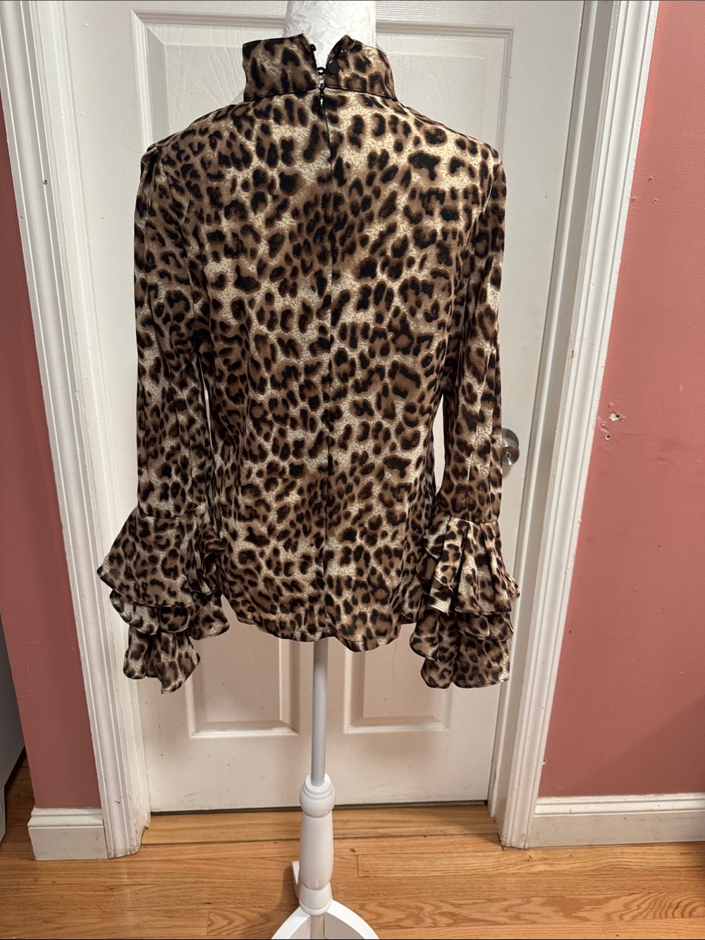 Mock Neck Leopard Print Ruffle Sleeve Blouse - Brown - Picture 6 of 7